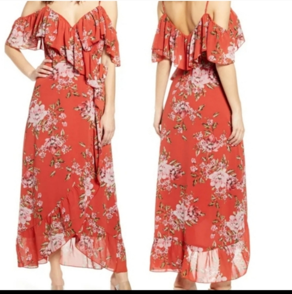 Anthropologie Wayf Wrap off shoulder ruffle floral chiffon